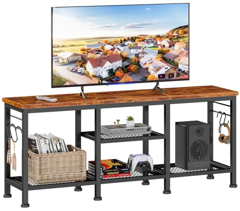 Furologee Soporte de TV para televisores de hasta 55 pulgadas, centro de entretenimiento con estantes de almacenamiento abiertos, mesa de consola multimedia de TV con estante de barra de sonido para