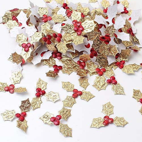 RCFINE 200 mini foglie di agrifoglio con bacche di agrifoglio, decorazioni natalizie fai da te, decorazioni natalizie per organizzare ghirlande natalizie, etichette regalo e biglietti (oro)