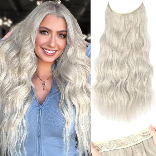 PORSMEER Lange Gewellt Haarverlängerung mit Gummiband silbergrau blond,Invisible Secret 4 Clips in Hair Extensions Synthetik Haare Unsichtbarem Haarteile für Frauen,50cm(Platinblond)