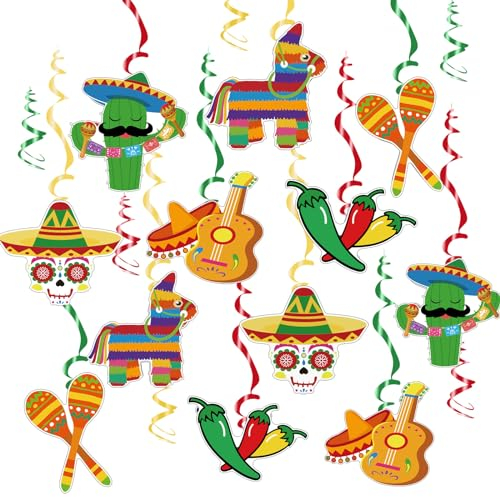 Mexikanische Spiralen 18 Stück Hanging Swirls Karneval Deko Fiesta Mexiko Cinco de Mayo Party Dekoration Mexikaner Sombrero Hut Kaktus Deckenhänger