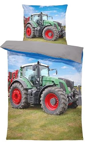 one-home Bettwäsche 135x200 cm Traktor Trecker Landmaschinen grün grau Wende Microfaser