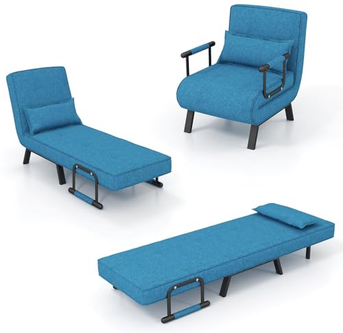 HOMASIS 4 in 1 Schlafsessel mit Bettfunktion, klappbares Schlafsofa mit Armlehnen, Klappsessel mit Verstellbarer Rückenlehne & abnehmbarem Kissen, Bettsessel Sofabett bis 150kg belastbar (Blau)