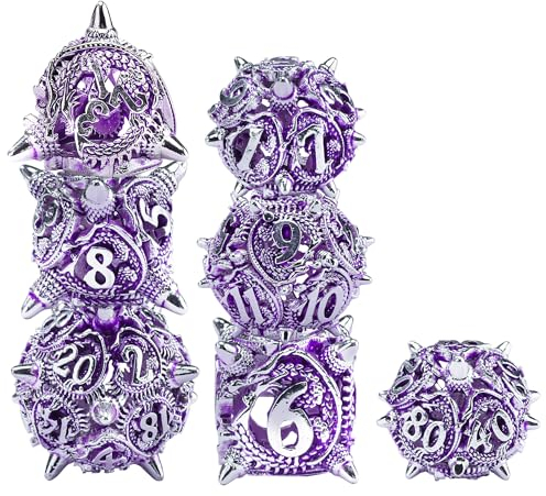 SIQUK 7 Stücke Würfel Polyedrisch DND, Würfel Metall Hohle Spiel Würfel Spielwürfel Dice Set D4/D6/D8/D10/D12/D20/D% für Dungeons and Dragons D&D MTG RPG, Violett & Silber