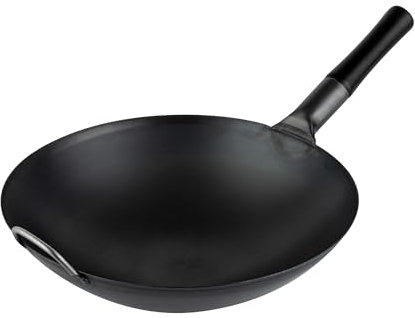 Motomori Wok aus vorgebranntem Karbonstahl, 35,6 cm, 10 traditionelle japanische Woks, runder Boden, Holzgriff, schwarzer Karbonstahl, traditionelle Bratpfannen, mit Hilfsgriff Restaurantware