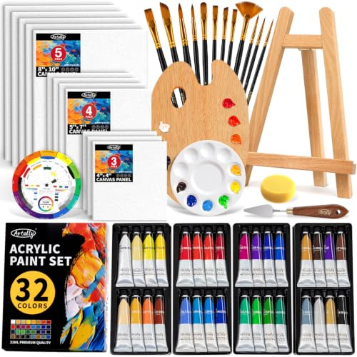 ARTALLY Acrylfarben-Set für Erwachsene und Kinder, 62-teiliges Leinwand-Malset, 32 Farben Acrylfarbe (22 ml), Tischstaffelei, Pinsel, Leinwand, Kunstmalerei-Set für Studenten, Künstler, Anfänger