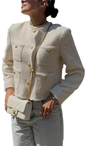Blazers Vestes pour Femmes, Mode D'automne Veste Courte en Tweed, Élégante Ouverte Sur Le Devant pour Le Bureau, Décontractée(White,X-Small)