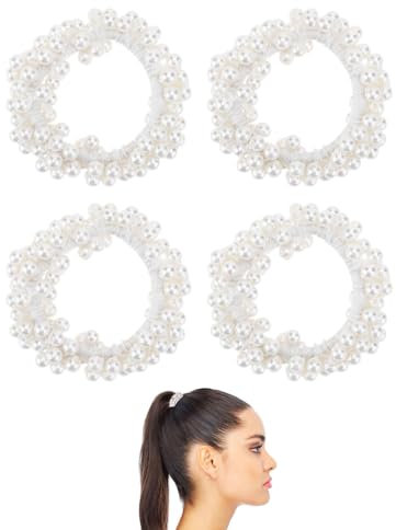 KGDUYC 4 Stücke Scrunchies Haargummis Weiß Perlen Haargummi Mädchen Zopfgummi Haarschmuck Damen Elastisches Scrunchies Kopfschmuck - Weiß