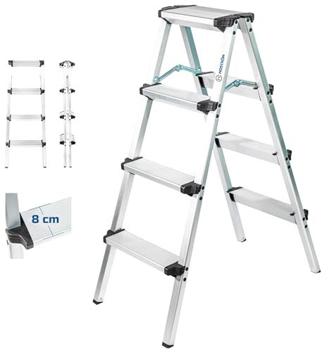 Escabeau marche pied 4 marches HOMILIX4, petit escabeau pliable, aluminium, design compact et robuste, H max travail 2,59m, 5 ans garantie, Hostrom