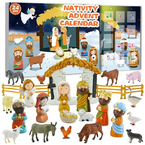 Adventskalender 2024 Kinder, 24 Krippenfiguren Weihnachtskalender 2024, Krippe Adventskalender Kinder mit 24 Krippenfiguren aus Harz, 24 Tage Weihnachts Countdown Kalender für Kinder ab 3 Jahren (A)