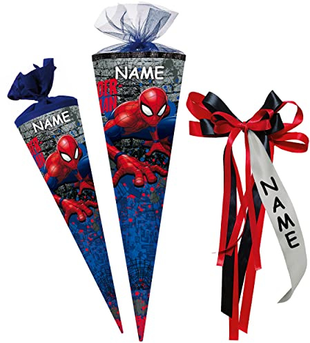 alles-meine.de GmbH Schultüte - Spyderman/Spyderman - 70 cm - rund - incl. Name und individueller großer Schleife - Filzabschluß - Zuckertüte - mit/ohne Kunststoff Spitze..
