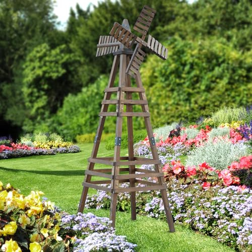 VINGLI Outdoor Yard Windmill, Wooden Wind Spinner for Garden Yard Lawn Patio Decoration (Carbonized Wood, Medium)