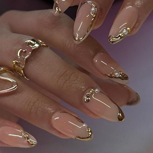 Yamobi Lot de 24 faux ongles à coller, en gel doux, en forme d'amande, dorés, avec autocollant Jelly pour femmes élégantes