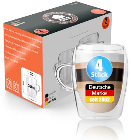 BigDean 4 Stück doppelwandige Latte Macchiato Gläser mit Henkel 300 ml Teetasse Thermogläser Teegläser Kaffeegläser in Geschenkverpackung