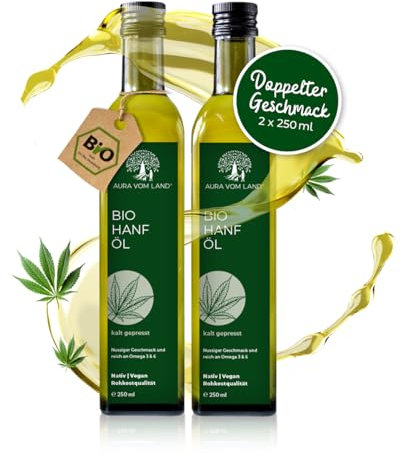 Aura vom Land Bio Premium Hanföl Kaltgepresst 2x250ml Set – Hanfsamenöl Vegan & Reich an Omega 3-6-9-Fettsäuren – Hochwertiges Speiseöl auch Haaröl/Körperöl – Bio Oil Hemp Oil Made in Germany