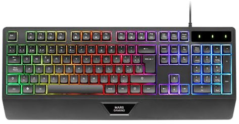 Mars Gaming MK124, Teclado Ergonómico H-Mech, Reposamuñecas Integrado, Iluminación FRGB Rainbow, Teclado Gaming Antighosting Avanzado, Teclado PC Completo Multiplataforma, Idioma Español, Negro