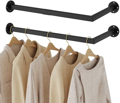 Yawinhe Industrierohr Kleiderstangen für die Wand, Garderobenstange L-Form, Abnehmbare Kleiderständer, Industrial Design mit 90 Grad Rechter Winkel, für Schlafzimmer, Schwarz, 2-Pack, SYJ002B-2