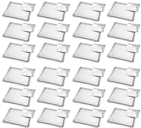 Acan Tradineur - Pack de 24 bandejas rectangulares de cartón con blonda, Fuente reciclable para Pasteles con Encaje de Papel, decoración de Fiestas, presentación de postres (Plata - 34 x 42 cm)