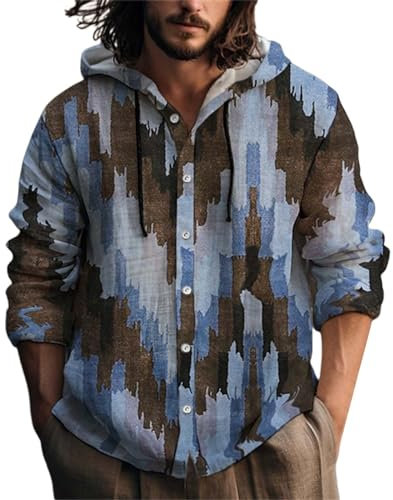 Leinenhemd Herren Baumwolle Leinen Hoodie Knopfleiste Langarm Hemd Mit Kapuze, Modische Langarmshirt Schlank Sommer Shirt Einfarbig Hoody Oberteile, Leichte Sommerhemd Freizeithemden