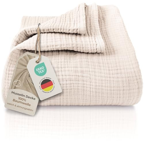 LAYNENBURG Premium Musselin Tagesdecke 180x220 cm - 100% Baumwolle - extraweiche Baumwolldecke als Kuscheldecke, Bett-Überwurf, Sofa-Überwurf, Couch-Überwurf - warme Sofa-Decke (Beige)