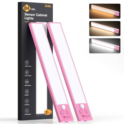 Gritin Lampe de Placard- 84 LED Super Lumineuses,3 Couleurs&5 Luminosités,4 Modes,Capteur de Mouvement, Rechargeable 1800mAh Longue Durée -Installation Facile Lampe d'Armoire Magnétique,Rose Rouge