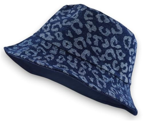 styleBREAKER Damen Wendehut 2-in-1 | Reversible Bucket Hat mit Leopard Print & Unifarbener Denim-Seite | Jeans Fischerhut für Freizeit, Strand, Festival, Sommerhut aus Baumwolle, Farbe:Dunkelblau