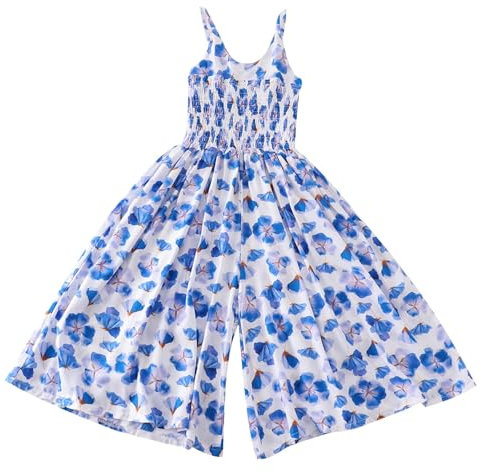 Teen Playsuit Beach Girls Boho Floral Suspender Jumpsuit Cotton Girls Jumpsuit 9 Years Wide Leg Bohemia Kid Dungarees Pleated Boho Rompers Dungaree Kids 9 Years Light Blue Children's Work Overalls