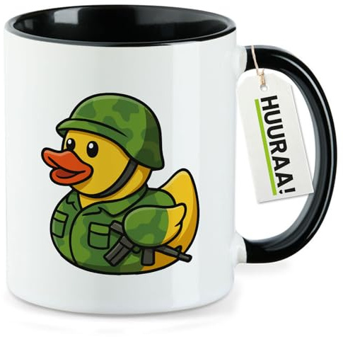Huuraa Kaffeetasse Quietscheente Soldat Gummiente Bundeswehr Geschenk 330ml Schwarz Quietscheente Soldat Präsent