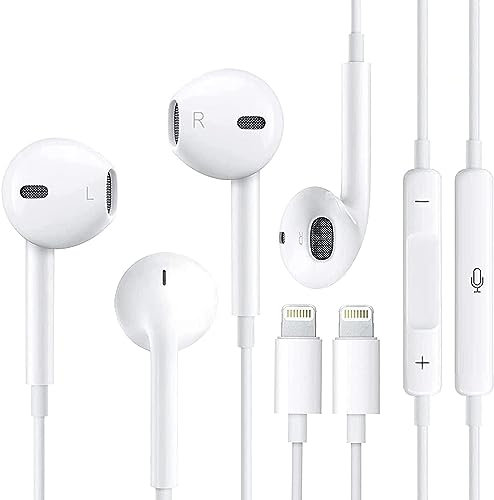 Paquete de 2 auriculares intraurales con cable para iPhone [certificado Apple MFi] Auriculares estéreo de alta fidelidad con aislamiento de ruido con micrófono 2 P+, auriculares de control de volumen