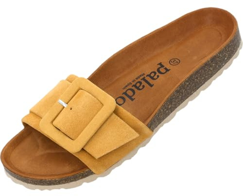 Palado Pantoletten Damen Nubra - bequeme Sandalen Made in Spain - Hausschuhe mit dämpfendem Kork-Fußbett - modische Sommerschuhe Gelb UK7 - EU40