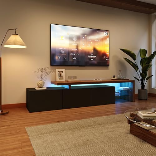 BRILVERDE Mobile TV Moderno 200cm Nero con Luci LED, Mobile per Televisore a 3 Scomparti con Ripiani in Vetro - Mobile Basso per Soggiorno in Finitura Lucida Legno (Nero)