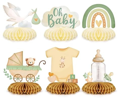 Babyparty Deko Junge – 6 Stück Waben-Tischaufsteller Storch Geburt für Draussen, Boho-Regenbogen Motive, Baby Party Dekoration für Babyshowerparty Deko & Geburt Feier & Shower dekos