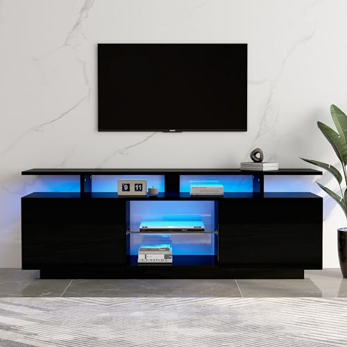 BTM schwarzer TV-Schrank mit 16-Farben-LED-Beleuchtung, 1,4 m Länge – stilvoller Aufbewahrungsschrank für 60-Zoll-Fernseher, Lichtleiste, Hochglanz-Türpaneel mit Glasfach,TV Board