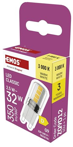 EMOS - G9 LED Lampe CLASSIC 2,5 Watt, ersetzt 32 Watt Halogenlampe - G9 Pin Lampe JC mit Helligkeit 350 Lumen - Warmweiß 3000 Kelvin - langlebig 30000 Stunden - 300° Abstrahlwinkel - SMD LEDs