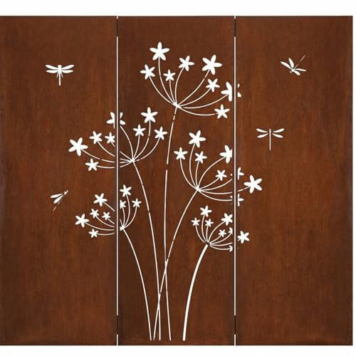 Kapaga - SET Sichtschutz Metall 3x mit Pusteblumenmotiv - 160x50 cm, Patina | Edelrost - Rostoptik Sichtschutz für Garten - Corten, Sichtschutzelement - Sichtschutzwand - Gartendekoration Zaun - Rost