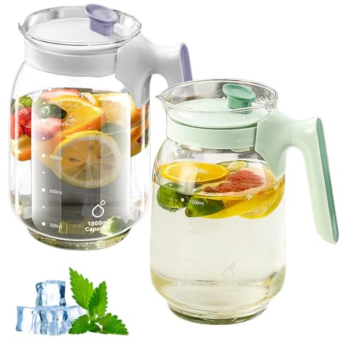 2er Set Glaskaraffe mit Deckel 1,8 Liter, Wasserkaraffe Karaffe Glas Wasserkrug Glaskrug für Heiß und Kalt Getränke Saft Eistee Tee Milch Getränkekaraffe mit Ausgießer Filtern