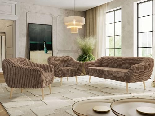 MKS MEBLE Sofagarnitur PIRS 3 + 1 + 1 - Couchgarnitur im skandinavischen Design, Gesteppte Polsterung, Wellenfederung, Wohnzimmer Sofa Set - Buche Beine, Braun Cord