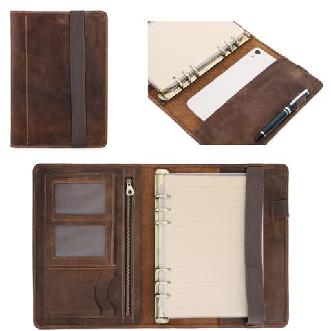 Leder-Padfolio-Notizbuch für Damen und Herren. Leder-Padfolio-Organizer mit 6-Ringbuch, A5, iPad-Mini-Halter, Reißverschlusstasche, Kartenfächer