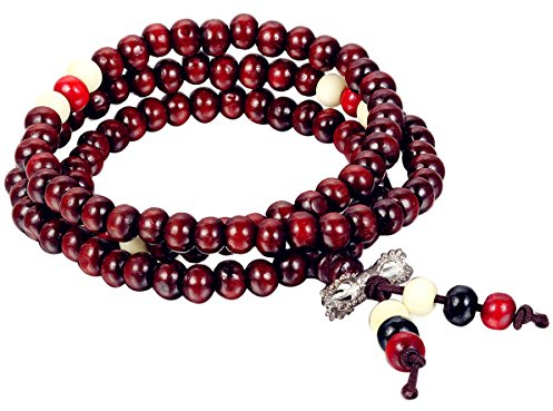 Flongo 8mm Bois Bracelet Lien Poignet Collier Chaîne Tibétain Bouddhiste Rouge Imitation Santal Boule Perle Prière Buddha Mala Chinois Noeud Élastique Homme,Femme