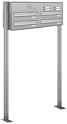 AL Briefkastensysteme 4er Edelstahl Durchwurfbriefkasten mit Klingel, Standbriefkasten modern, 4 Fach Briefkastenanlage V2A Edelstahl Postkasten