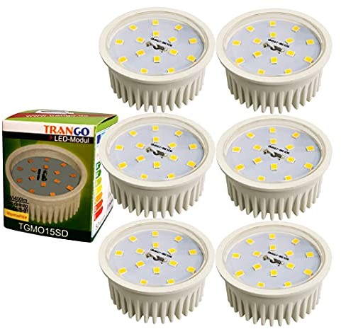 Trango 6er Pack MO15SD*6 Ultra flach 5Watt 3 Stufen dimmbar LED Modul 3000K warmweiß zum Austauschen GU10 & MR16 Halogen Leuchtmittel, Einbauleuchten, Deckenstrahler, Einbaustrahler, Deckenleuchte