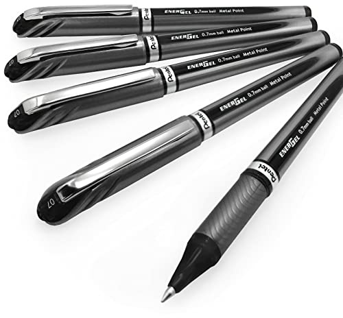 Pentel Energel BL27 Flüssiggel-Tintenroller, Stifte Set, Schreibwaren, 0,7 mm Metallspitze, schwarze Tinte, 5 Stück