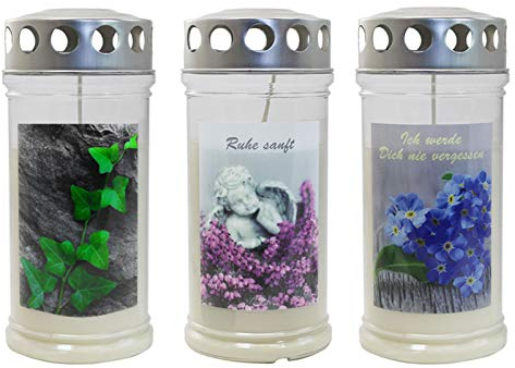 JEKA Kerzen GmbH Gedenkkerzen Grablichter mit Motiv Trauerblumen 3er Set ca. (ØxH) 75 x 170 mm