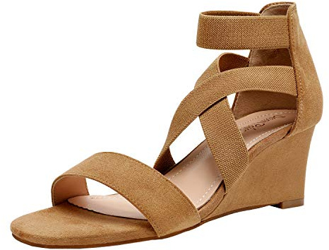 DREAM PAIRS Women's Elastic Ankle Strap Low Wedge Sandals Comfortable Dressy Heels for Summer Formal and Special Occasions,Size 6,Camel,INNIS-1