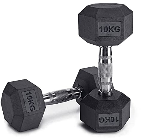 Lions Hex Dumbbell Weights Set - Rubber Encased Cast Iron Dumbbells Weight Pair with Metal Handle, Full Body Workout Strength Training Home Gym, 2 x 10 (20kg Set) Black