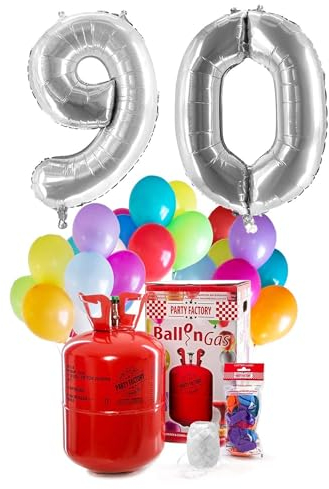 Party Factory `Happy 90´ Helium Komplett-Set, 2 silberne XXL Zahlenballons, 30 bunte Latexballons, 400l Ballongas und 40m Ballonschnur