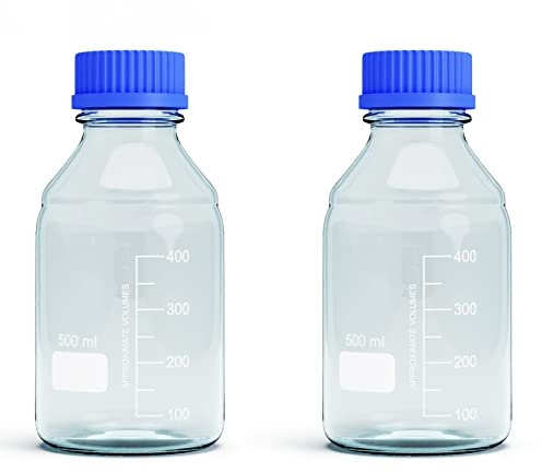 500ML Storage Glass Bottles – 2pcs Round Media Storage Bottle – Borosilicate Glass Bottles – Safe Probe Storage Glass Storage Bottles with GL45 Blue Screw Cap (500ml - 2pcs)