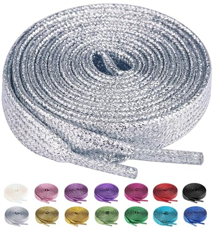 Olukssck 2 Paires Lacets Plats Pailletés Premium, Lacets de Remplacement de 10mm de Qualité Supérieure pour Chaussures de Sport, Chaussures de Ville, Argent, 140cm