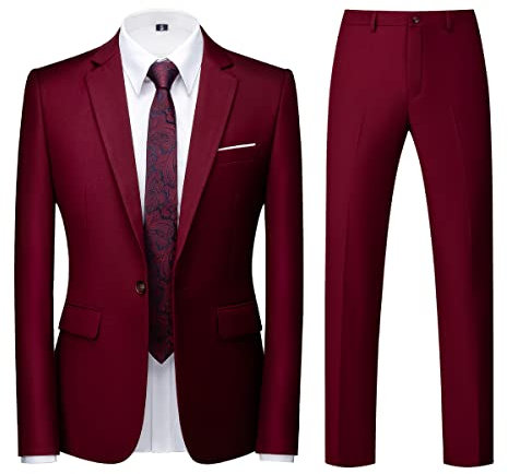 KUDORO Costume Homme 2 pièces Slim Fit Smoking Simple Poitrine à Un Bouton, Men Suits 2 Piece Bourgogne pour Mariage Business Fête Confort Elégant Blazer Veste et Pantalon(Bourgogne,XL)