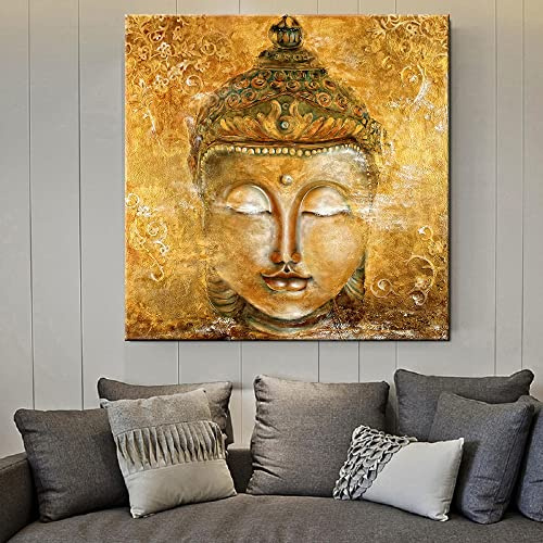 HWNU Wandkunst Bilder Leinwand Gemälde Gold Buddha Kopf auf Leinwand Wohnkultur Wandposter Buddha Drucke für Wohnzimmer Wanddekoration Rahmenlos (no frame 40x40cm)