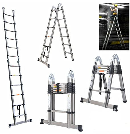 Telescopic Ladder 3.8m A Frame 1.9m+1.9m Extendable Folding Ladder Heavy Duty An-ti Slip Safety Lock